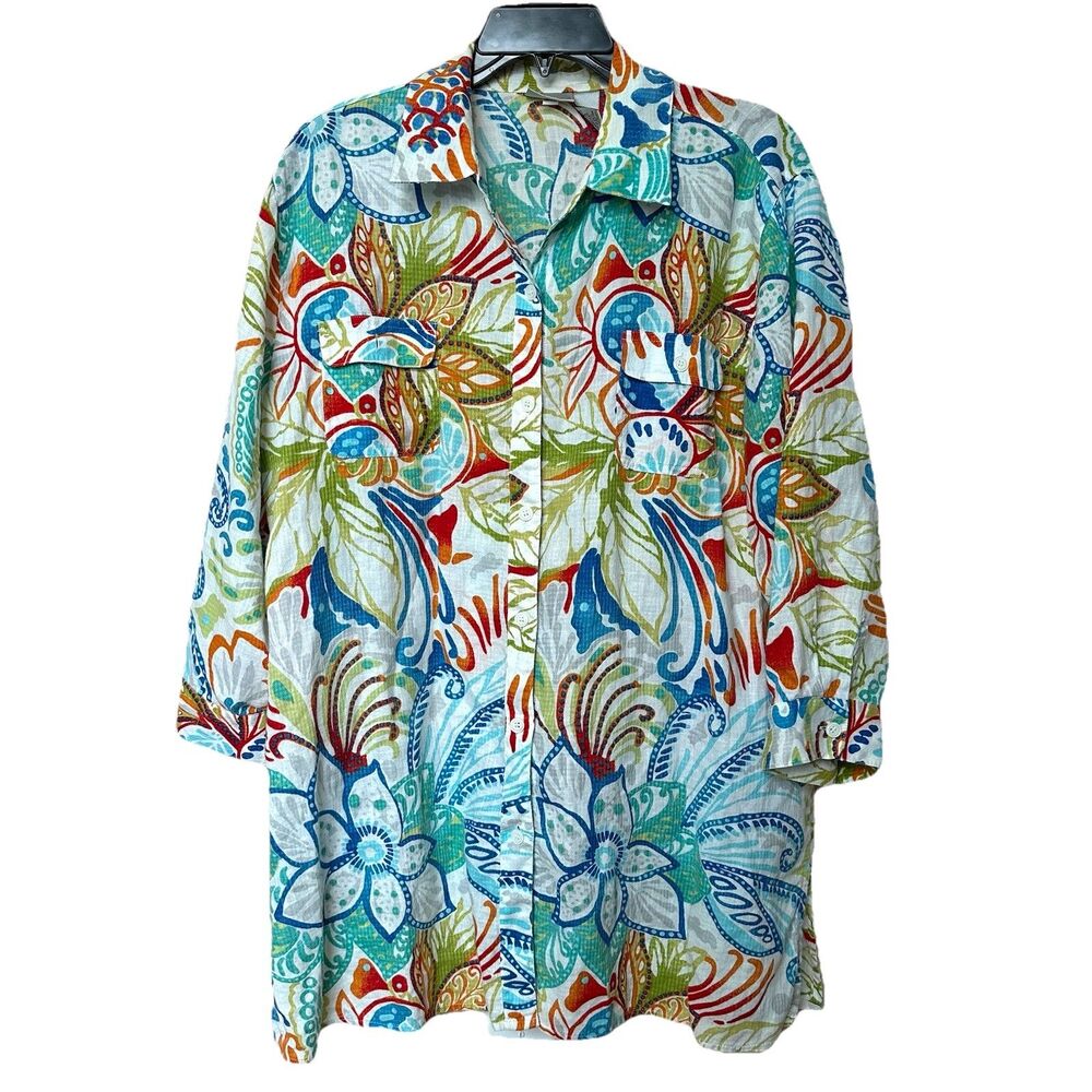 Chico's Top Women's 3 XL 16 Button Down Tropical Leaf Print Resort Linen Blend